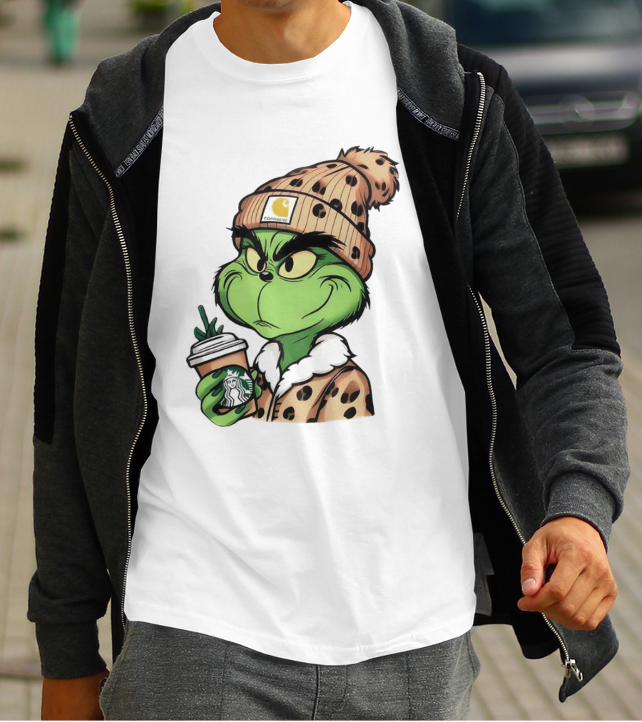 Grinch Boujee Leopard Coffee Cozy Winter T-Shirt