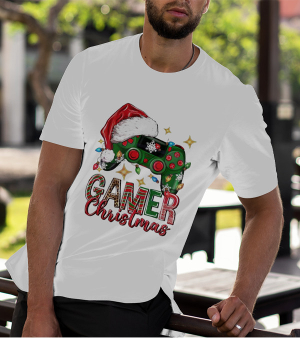 Gamer Christmas Santa Hat Game Controller Holiday Lights T-Shirt