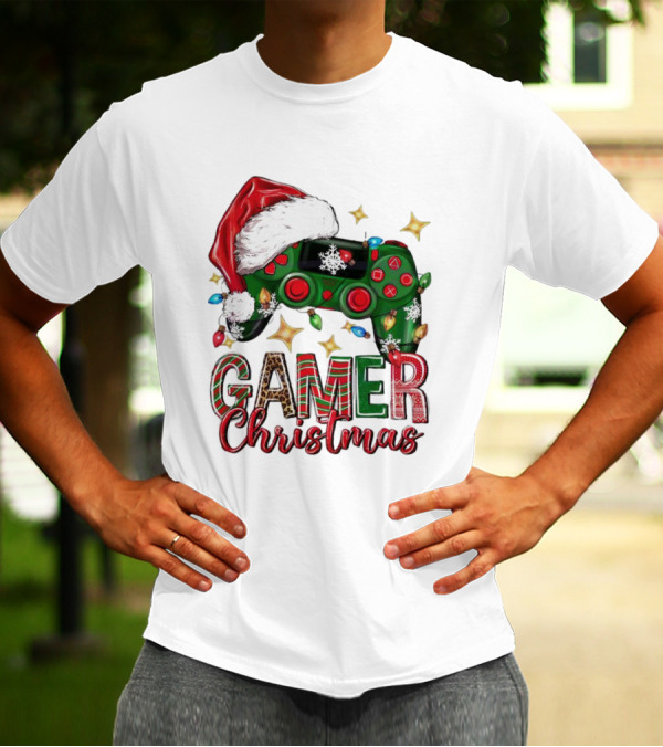 Gamer Christmas Santa Hat Game Controller Holiday Lights T-Shirt