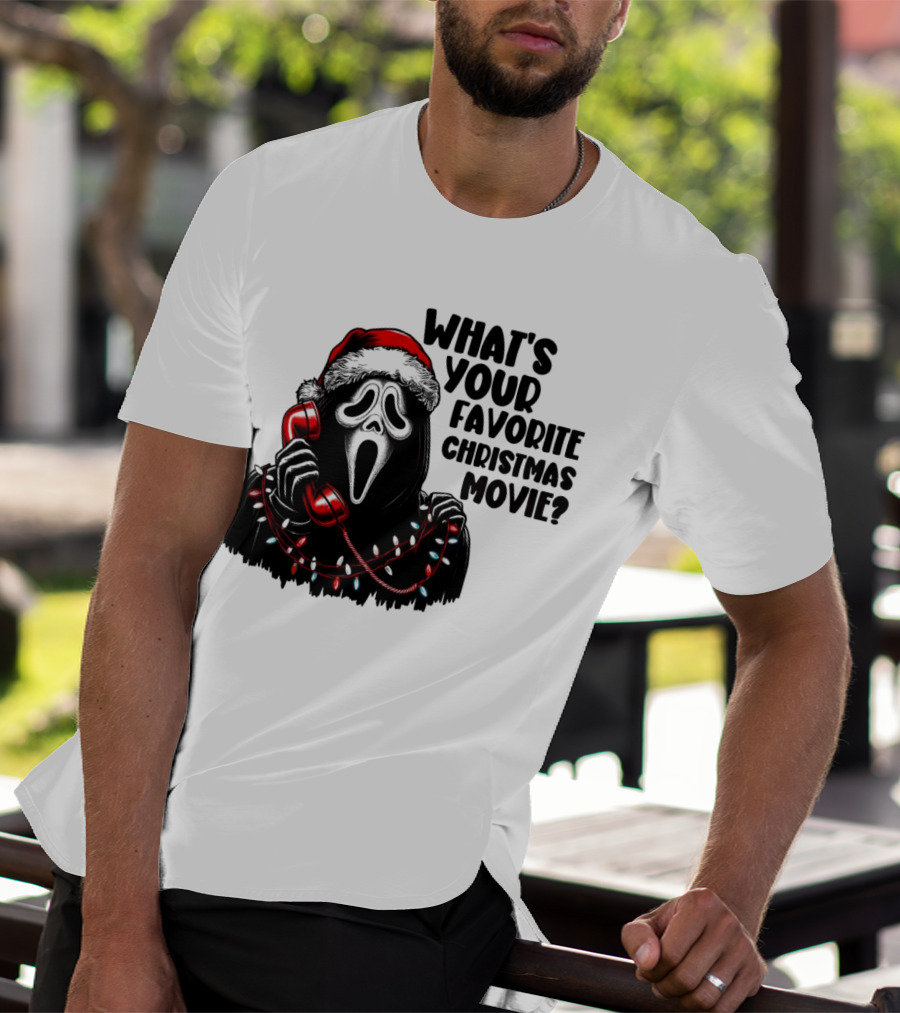 Ghostface What's Your Favorite Christmas Movie Festive Horror Santa Hat Phone Lights T-Shirt