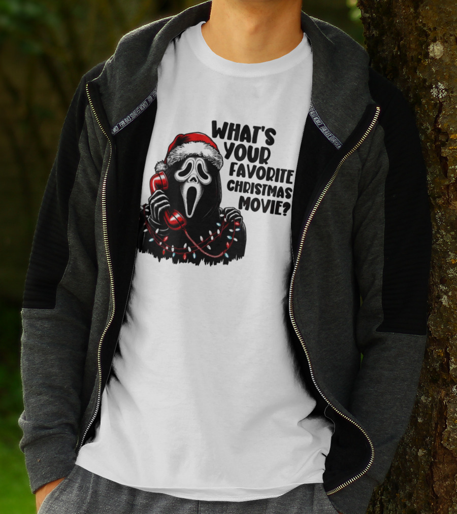 Ghostface What's Your Favorite Christmas Movie Festive Horror Santa Hat Phone Lights T-Shirt