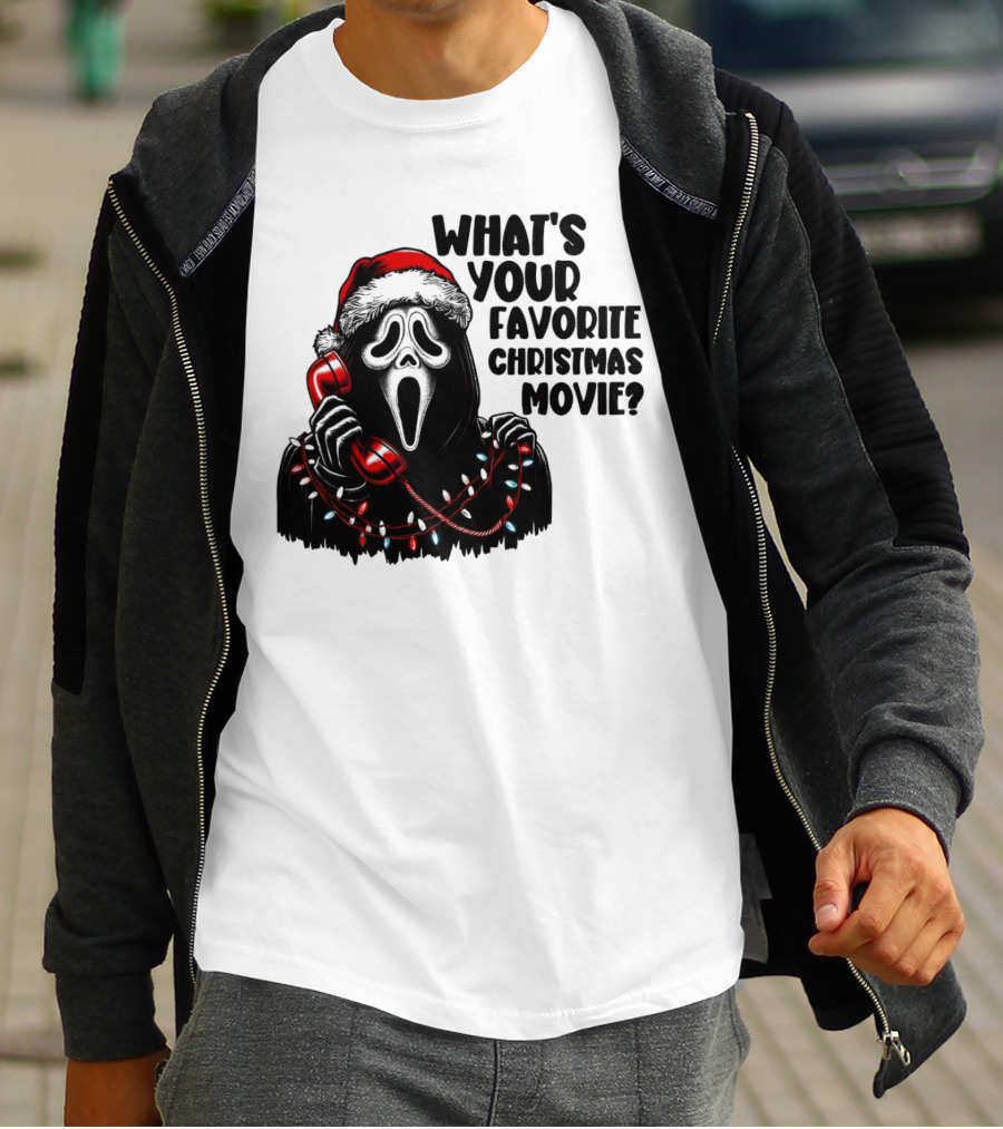 Ghostface What's Your Favorite Christmas Movie Festive Horror Santa Hat Phone Lights T-Shirt