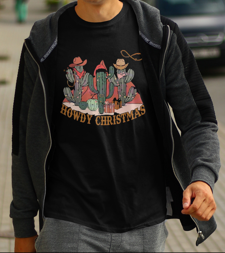 Howdy Christmas Cactus Cowboy Hats And Lasso Holiday Scene T-Shirt