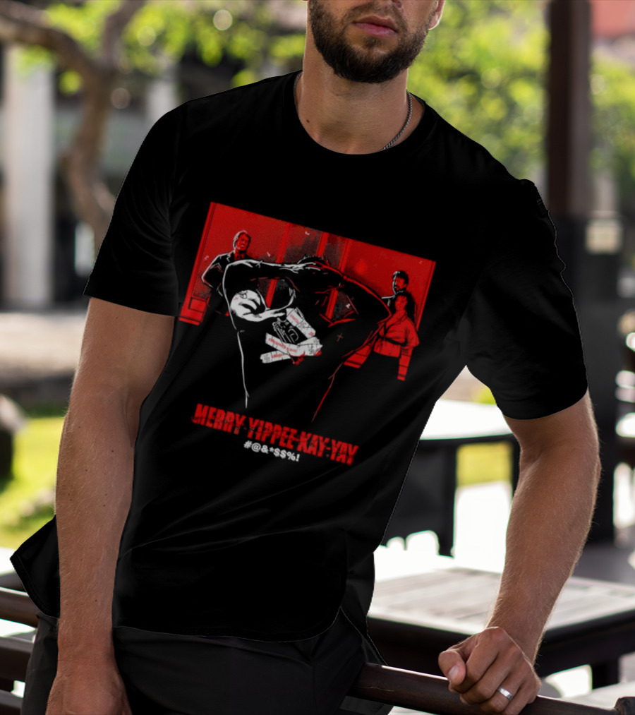 Merry Yippee Kay Yay Die Hard Christmas Scene With Characters And Explosives T-Shirt