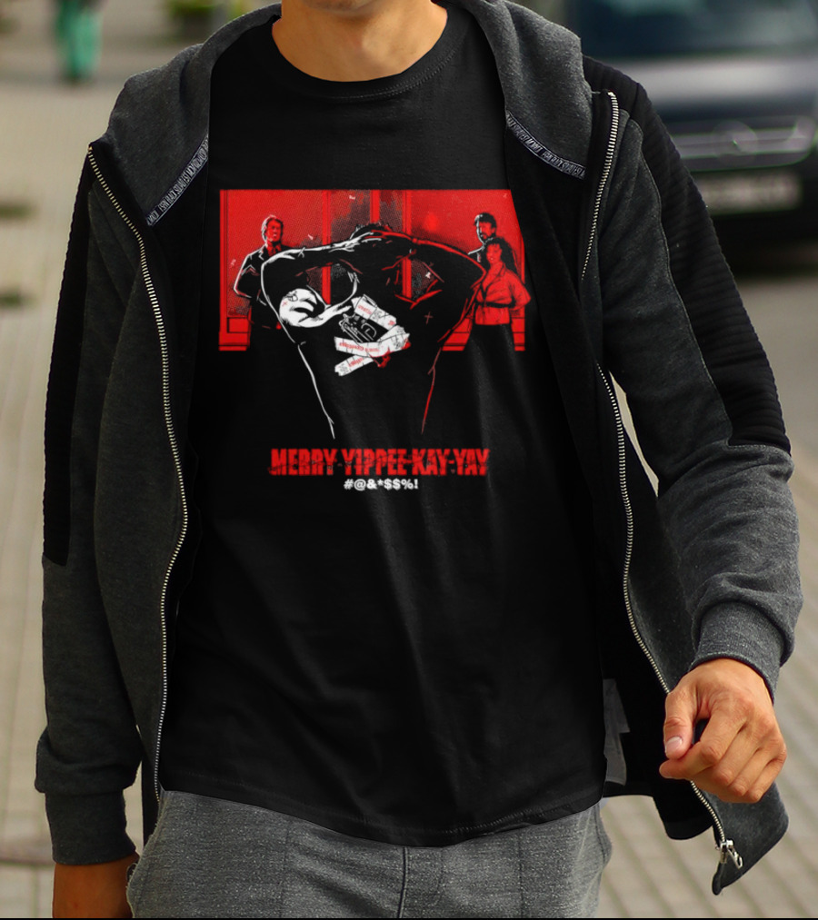 Merry Yippee Kay Yay Die Hard Christmas Scene With Characters And Explosives T-Shirt