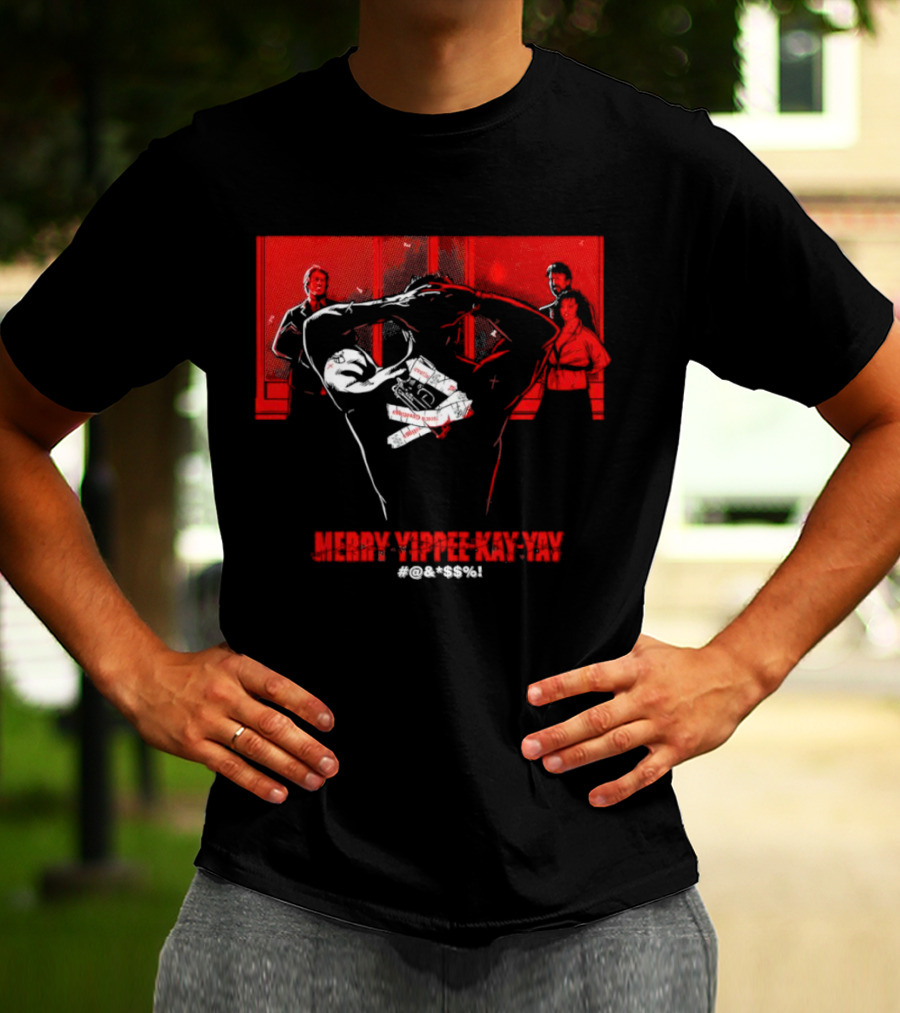 Merry Yippee Kay Yay Die Hard Christmas Scene With Characters And Explosives T-Shirt