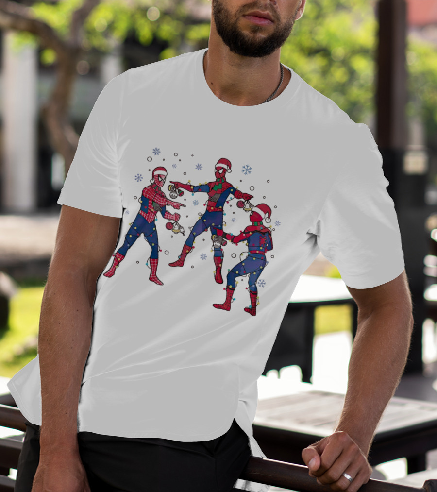 Funny Marvel Three Spiderman Meme Santa Christmas Lights Snowflakes T-Shirt