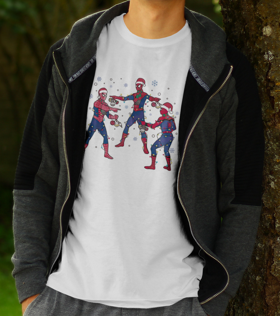Funny Marvel Three Spiderman Meme Santa Christmas Lights Snowflakes T-Shirt