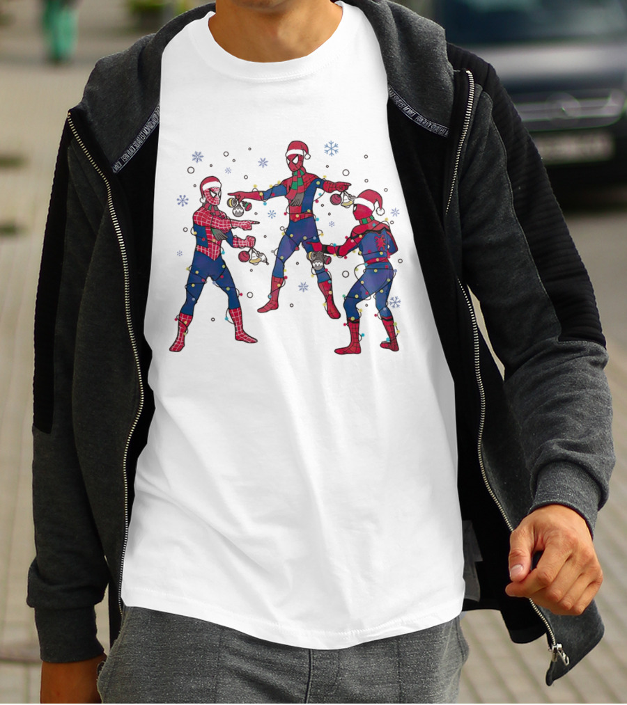 Funny Marvel Three Spiderman Meme Santa Christmas Lights Snowflakes T-Shirt