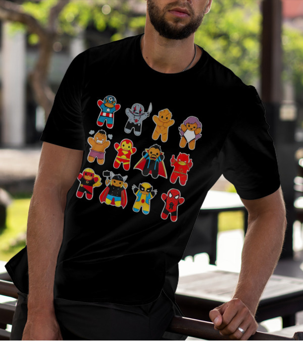 Gingerbread Super Heroes Cookie Avengers Guardians Comic Fun T-Shirt