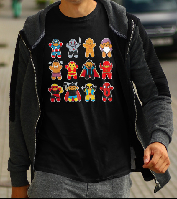 Gingerbread Super Heroes Cookie Avengers Guardians Comic Fun T-Shirt
