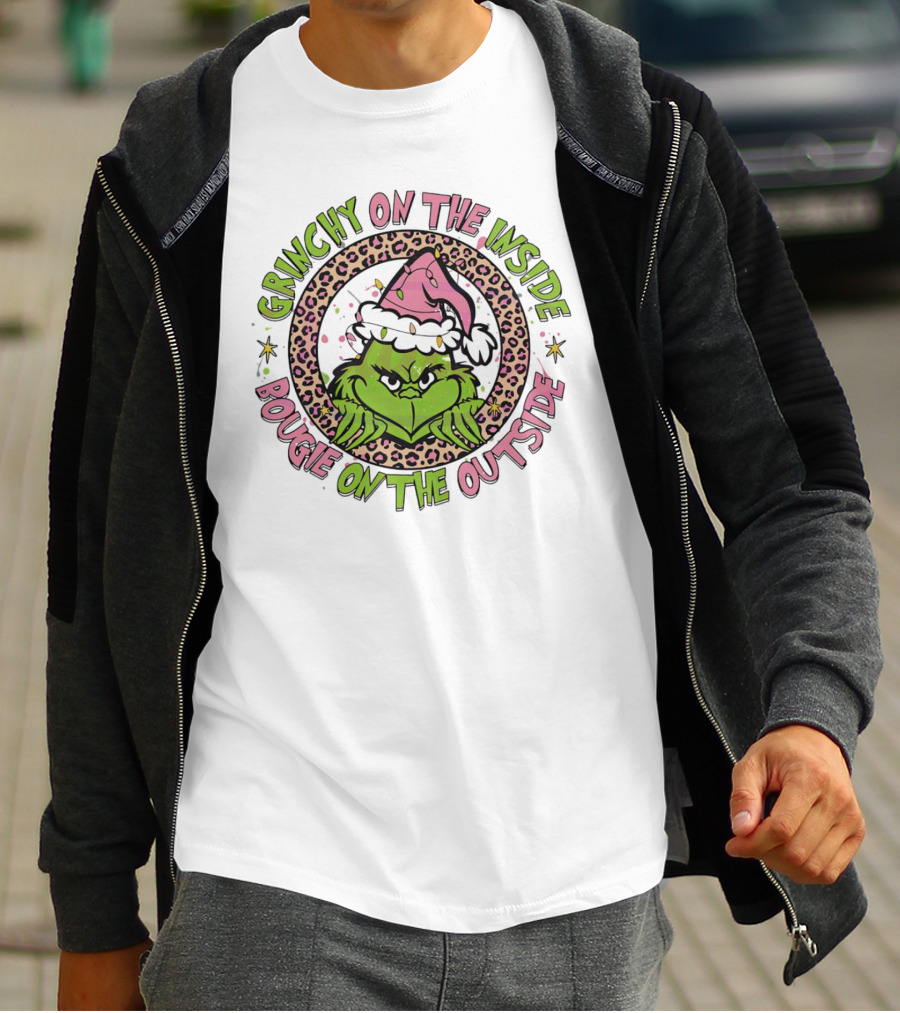 Grinchy On The Inside Bougie On The Outside Leopard Santa Hat T-Shirt
