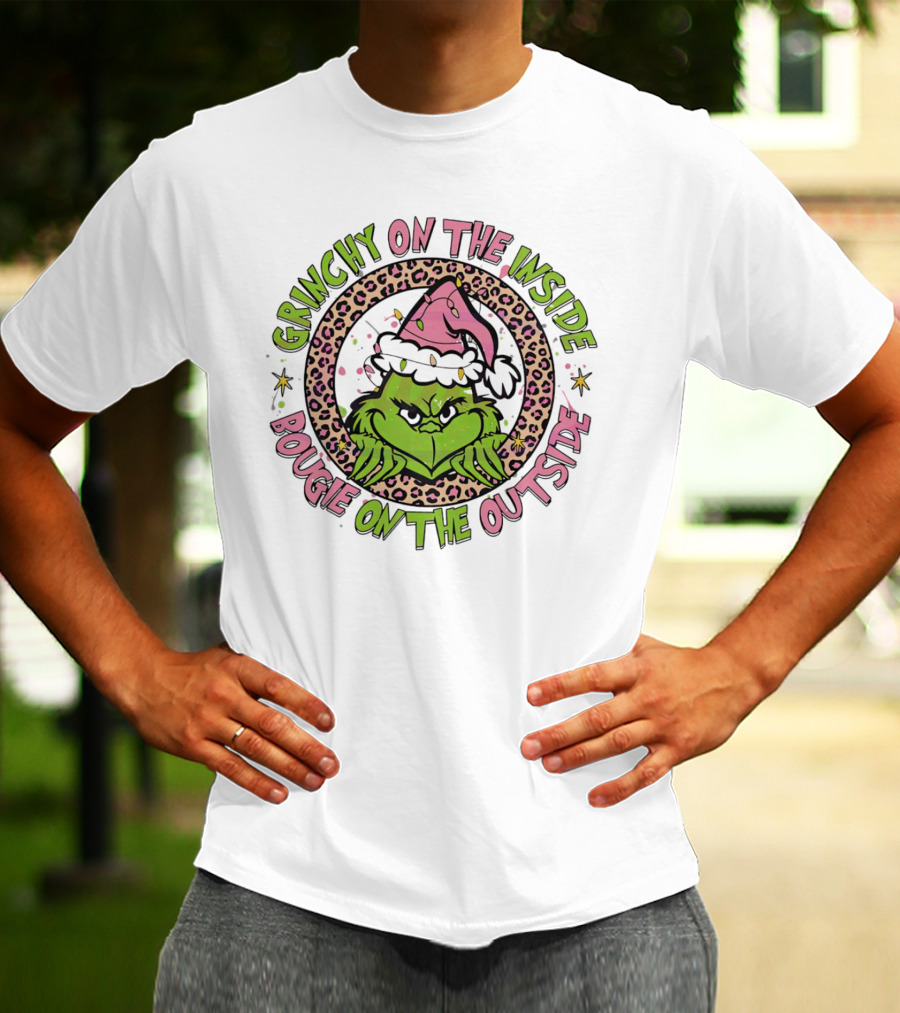 Grinchy On The Inside Bougie On The Outside Leopard Santa Hat T-Shirt