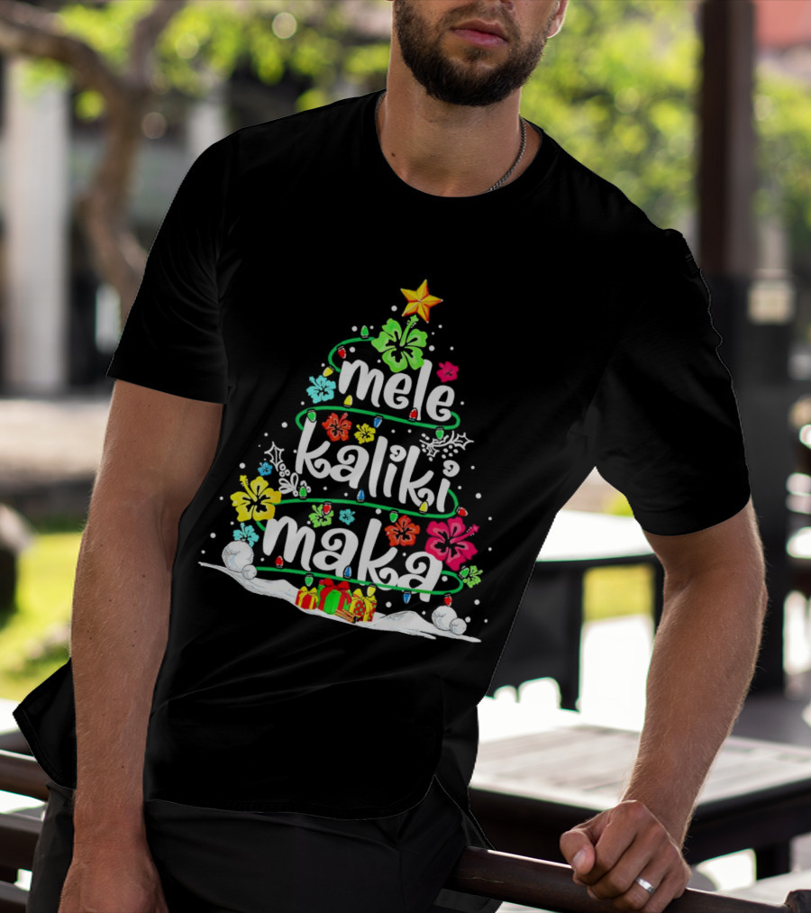 Mele Kalikimaka Christmas Tree With Flowers And Gifts T-Shirt