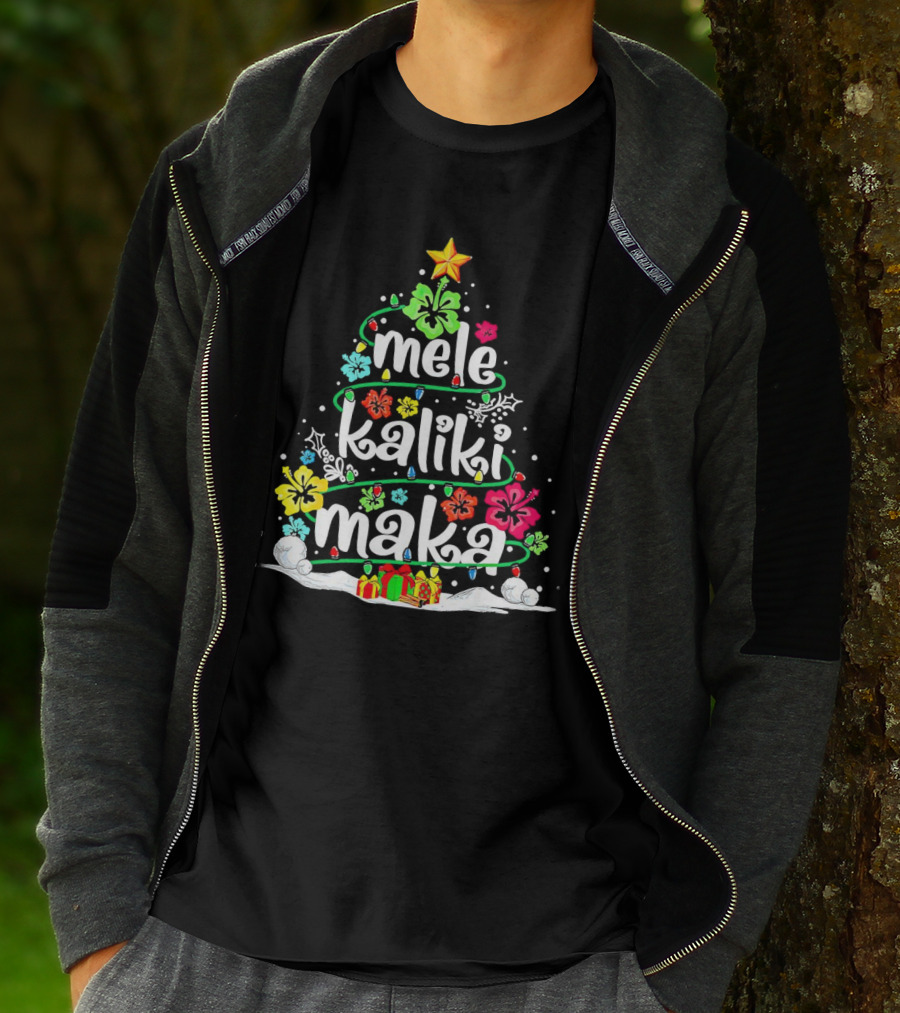 Mele Kalikimaka Christmas Tree With Flowers And Gifts T-Shirt