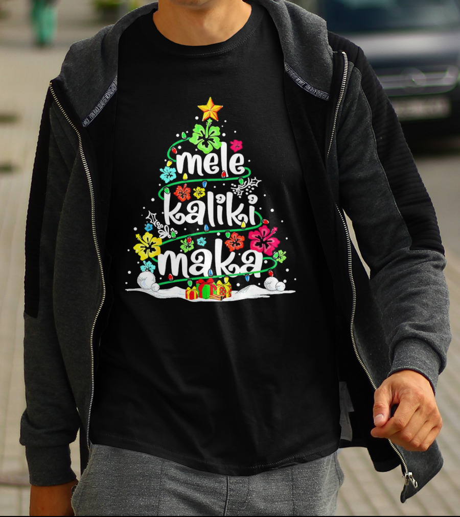 Mele Kalikimaka Christmas Tree With Flowers And Gifts T-Shirt