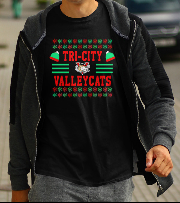 Tri-City ValleyCats Holiday Snowflake Pattern With Festive Hat And Cat T-Shirt
