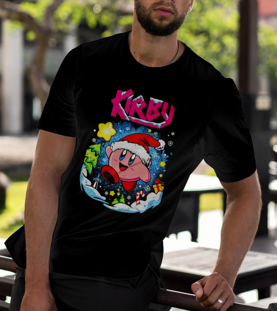 Kirby Holiday Snow Adventure With Kreator Style Santa Hat And Winter Delights T-Shirt