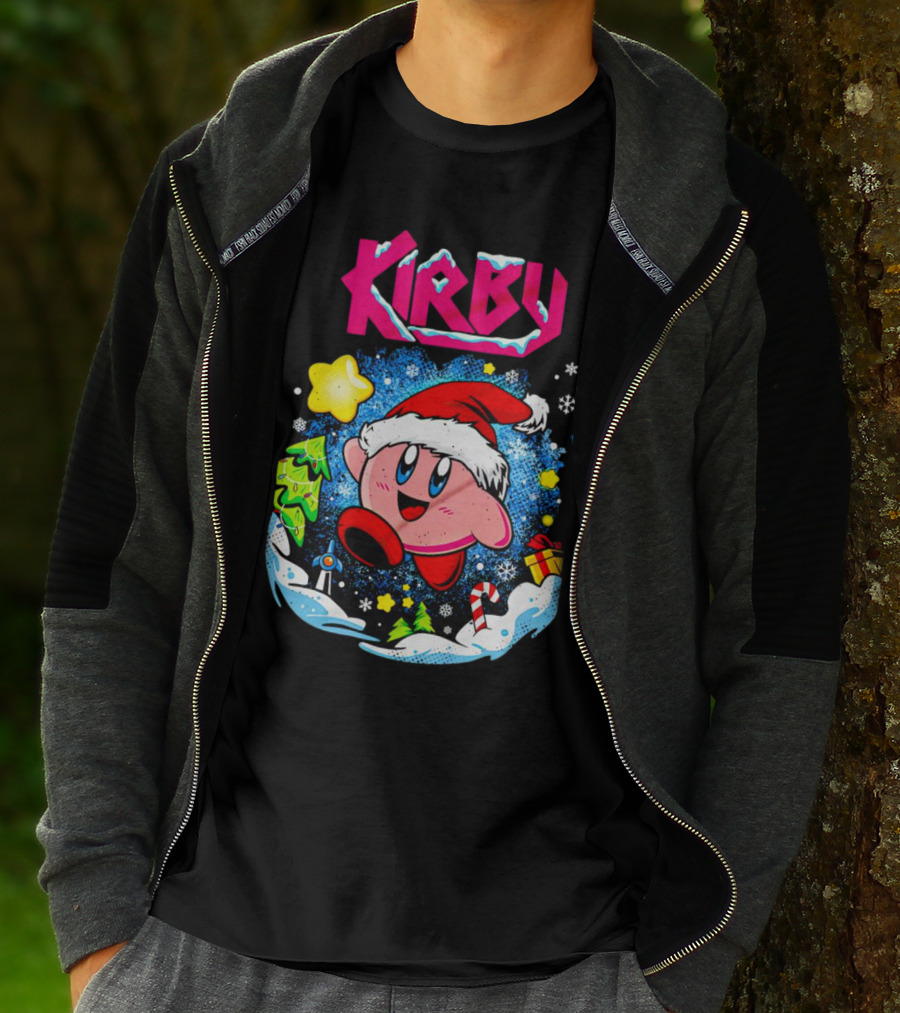 Kirby Holiday Snow Adventure With Kreator Style Santa Hat And Winter Delights T-Shirt