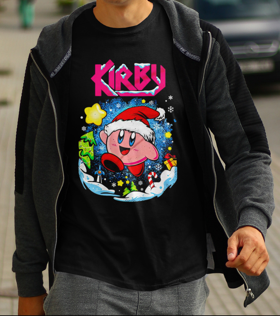 Kirby Holiday Snow Adventure With Kreator Style Santa Hat And Winter Delights T-Shirt