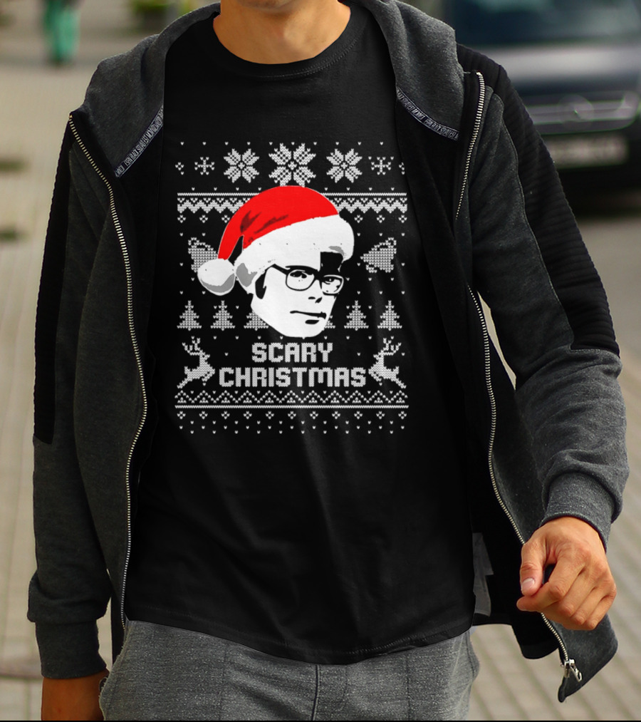 Stephen King Scary Christmas Ugly Sweater Santa Hat Reindeer Snowflakes T-Shirt