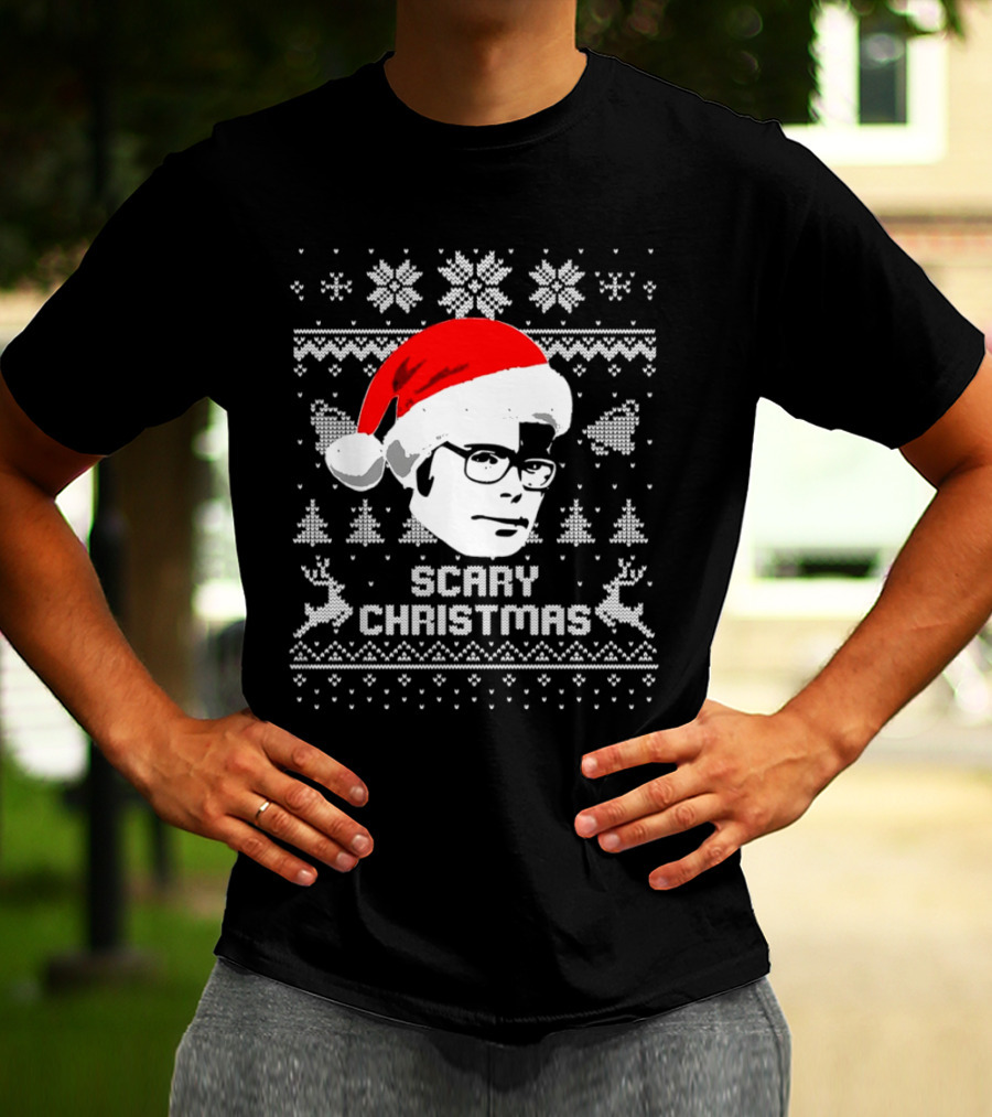 Stephen King Scary Christmas Ugly Sweater Santa Hat Reindeer Snowflakes T-Shirt