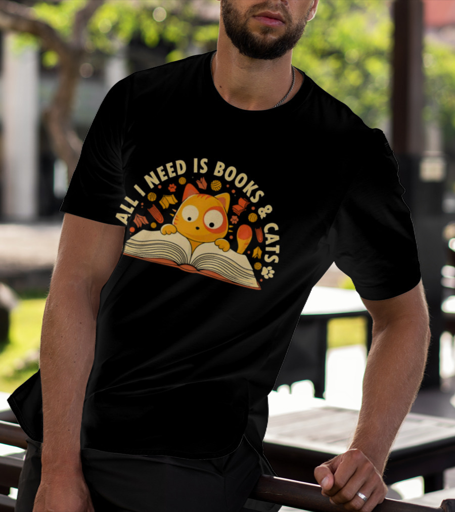 All I Need Is Books And Cats With Curious Feline And Open Book T-Shirt