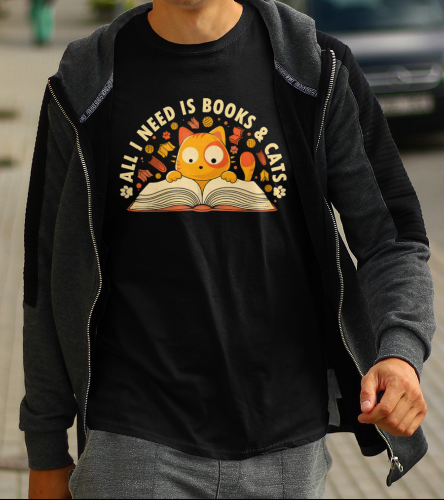 All I Need Is Books And Cats With Curious Feline And Open Book T-Shirt