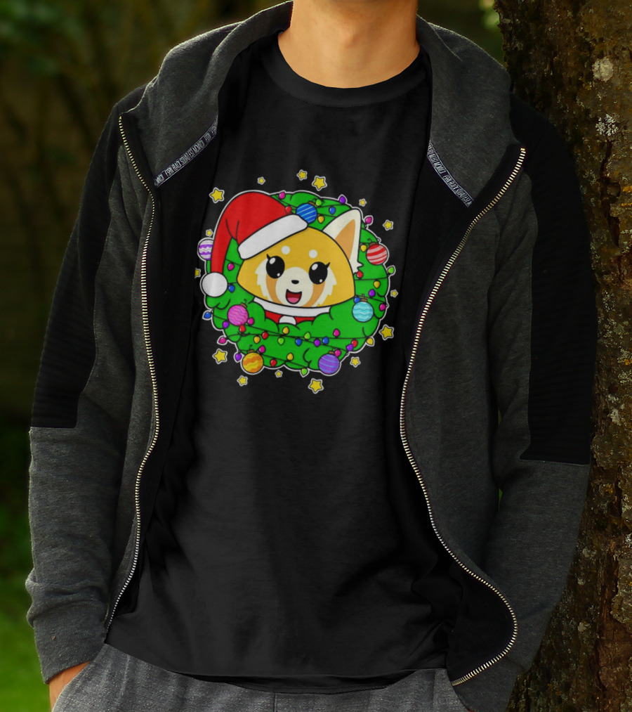 Aggressively Merry Christmas Kawaii Red Panda With Santa Hat In Holiday Wreath T-Shirt