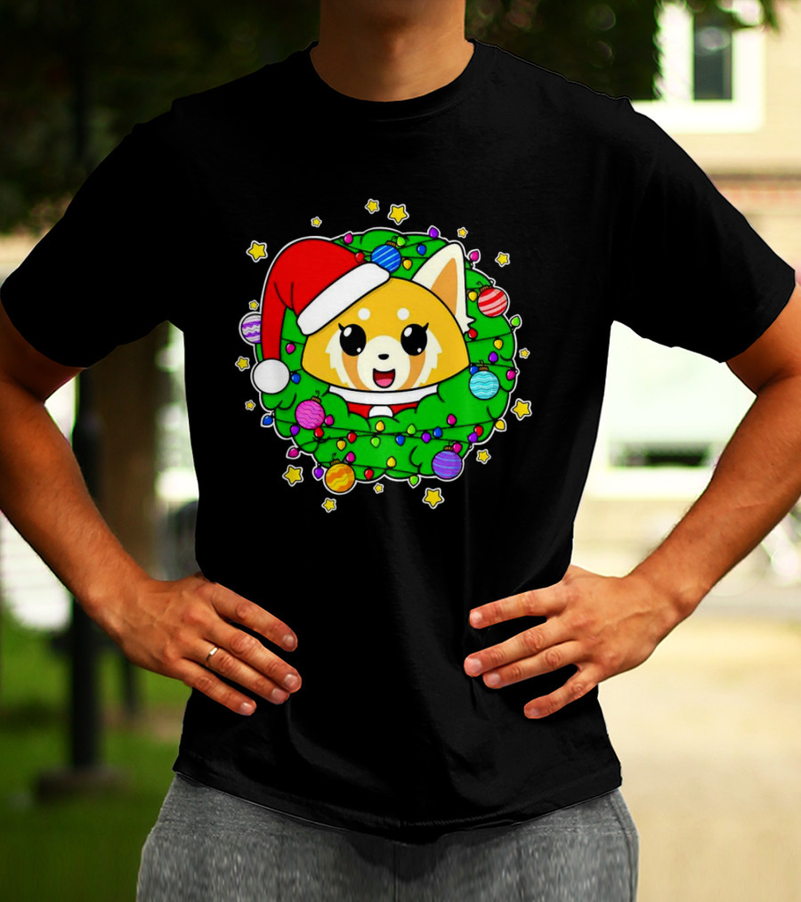 Aggressively Merry Christmas Kawaii Red Panda With Santa Hat In Holiday Wreath T-Shirt