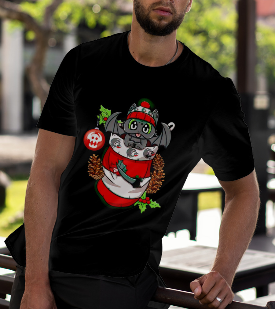 Baby Dragon Holiday Stocking With Skull Ornament And Pinecones T-Shirt