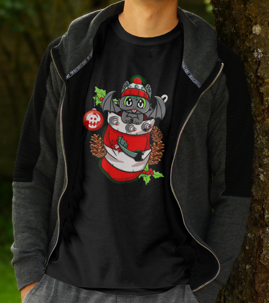 Baby Dragon Holiday Stocking With Skull Ornament And Pinecones T-Shirt