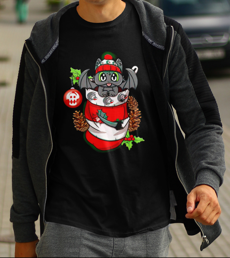 Baby Dragon Holiday Stocking With Skull Ornament And Pinecones T-Shirt