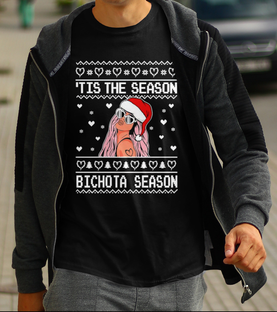 Bichota Season 'Tis The Season Christmas Santa Hat Hearts And Snowflakes T-Shirt
