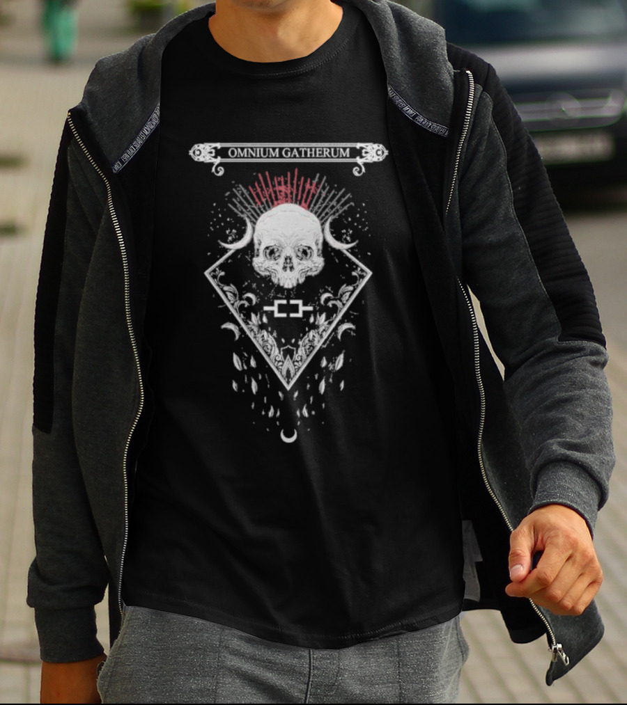 Omnium Gatherum Skull With Symbolic Red Rays And Crescent Moons T-Shirt