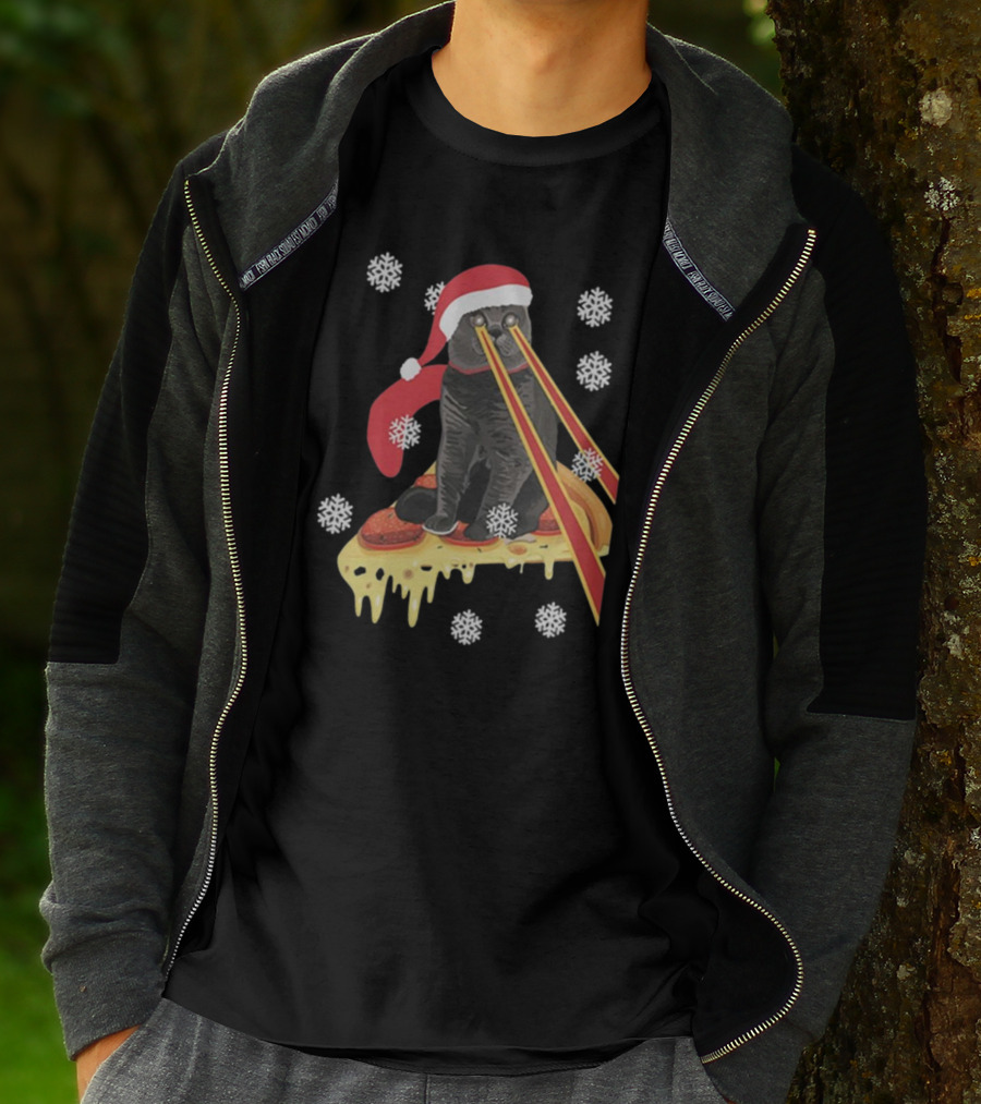 The Guardians Of The Galaxy Drax Cat Pizza Laser Eyes Santa Hat Christmas Snowflakes T-Shirt