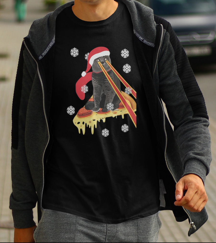 The Guardians Of The Galaxy Drax Cat Pizza Laser Eyes Santa Hat Christmas Snowflakes T-Shirt