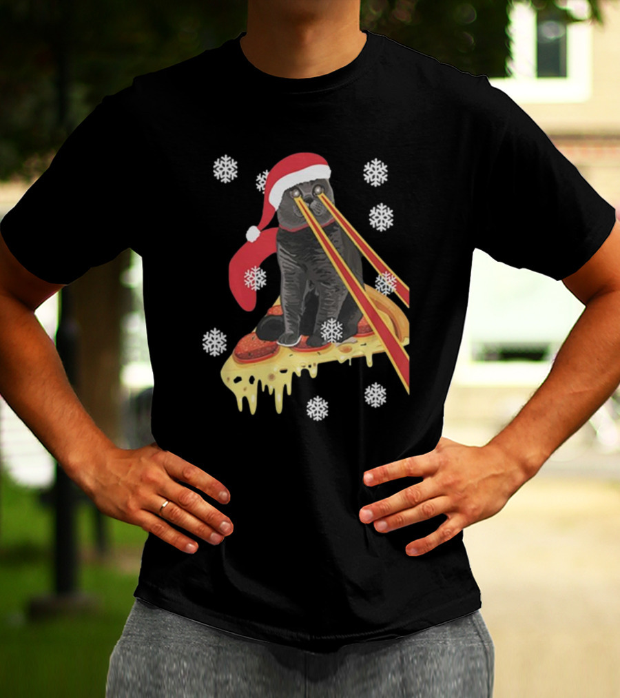The Guardians Of The Galaxy Drax Cat Pizza Laser Eyes Santa Hat Christmas Snowflakes T-Shirt