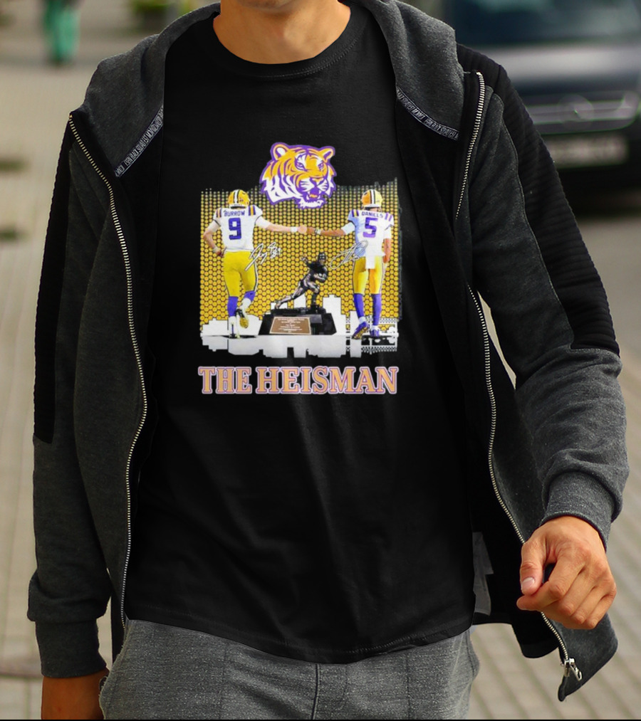 The Heisman LSU Tigers Burrow Daniels Tiger Head Football Trophy T-Shirt