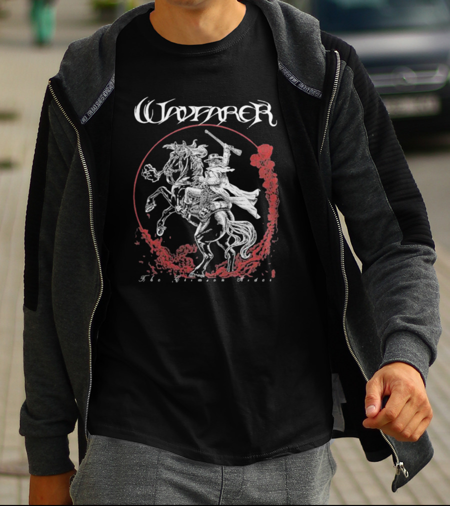 Wayfarer The Crimson Rider Vintage Western Hero On Horseback With Red Cloud Motif T-Shirt