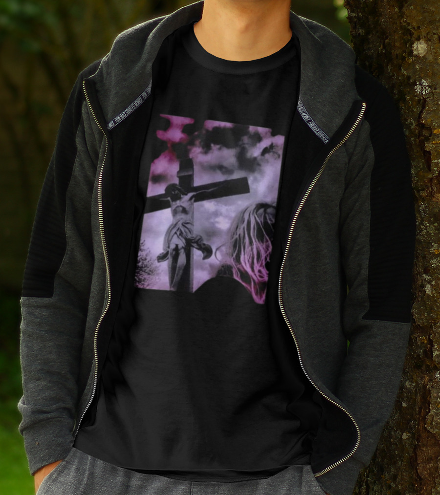 Zakk Wylde Jesus Crucifixion Image With Dark Sky And Blonde Hair Motif T-Shirt