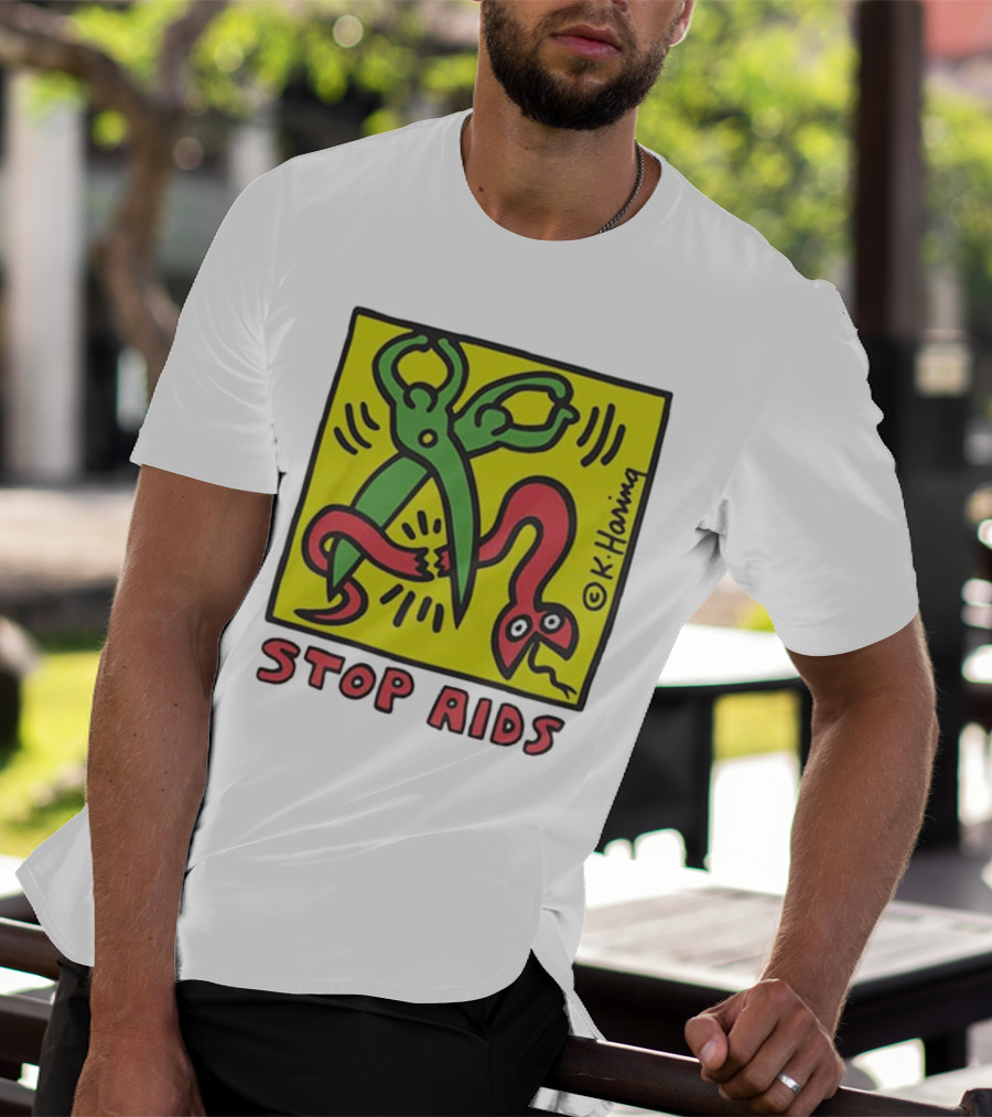 Keith Haring Stop Aids Scissors Cutting Snake T-Shirt