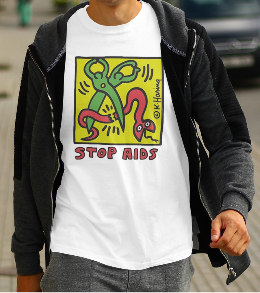 Keith Haring Stop Aids Scissors Cutting Snake T-Shirt