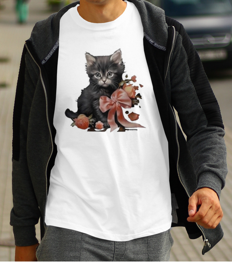 Kimchi And Miso Cute Cat With Bow And Flowers T-Shirt