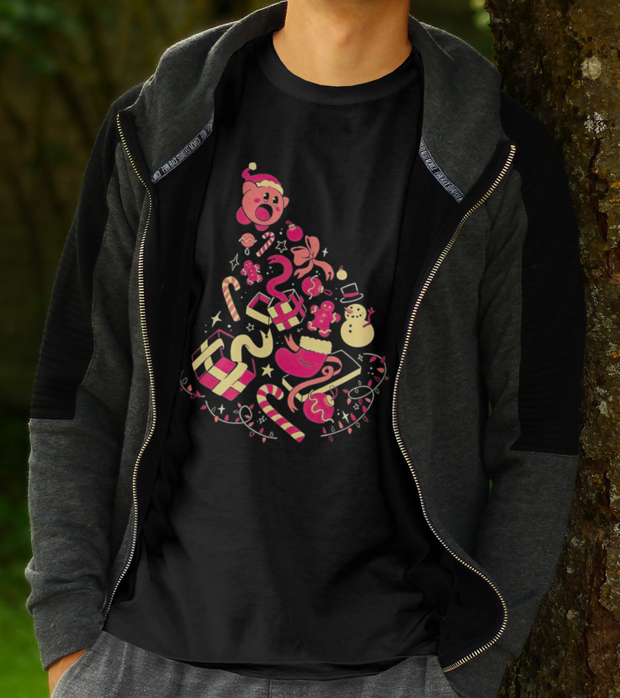 Kirby Christmas Santa Hat And Holiday Icons T-Shirt