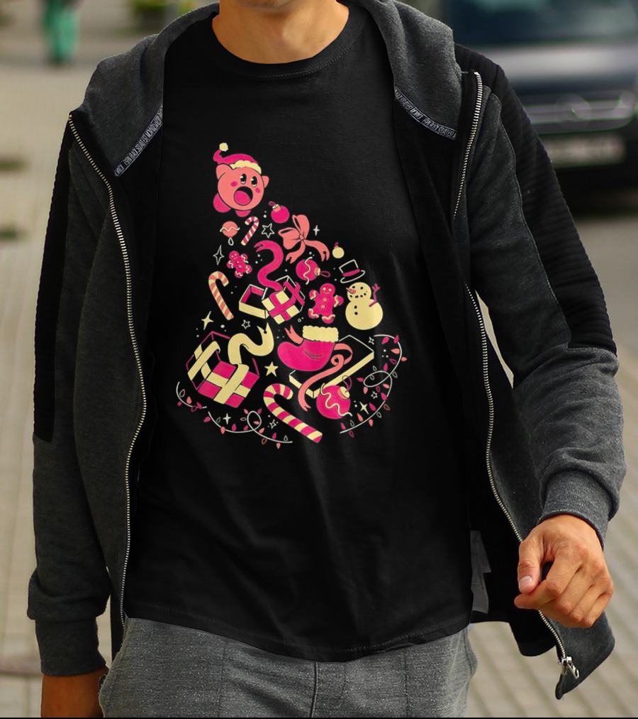 Kirby Christmas Santa Hat And Holiday Icons T-Shirt