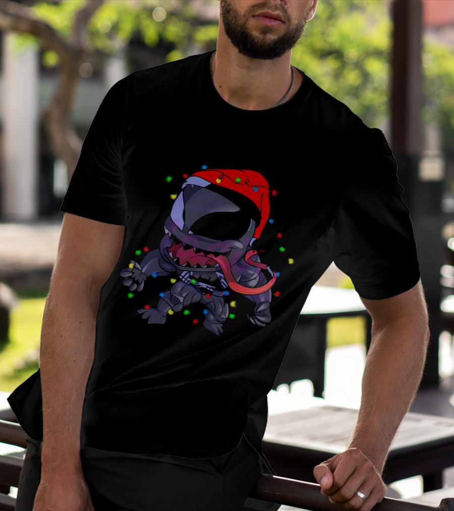 Venom Spiderman Marvel Christmas Lights Santa Hat T-Shirt