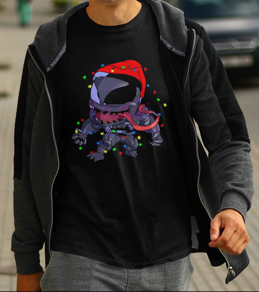 Venom Spiderman Marvel Christmas Lights Santa Hat T-Shirt