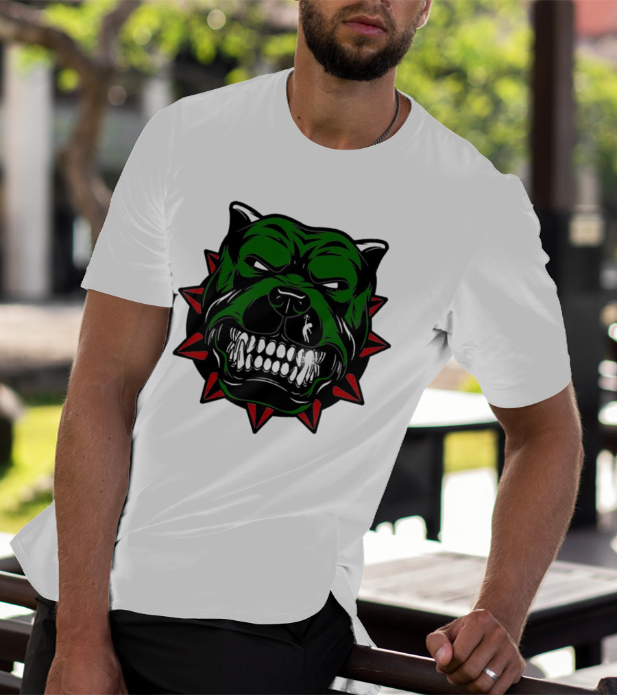 Angry Pitbull With Green Face And Red Spiked Collar Merry Christmas T-Shirt