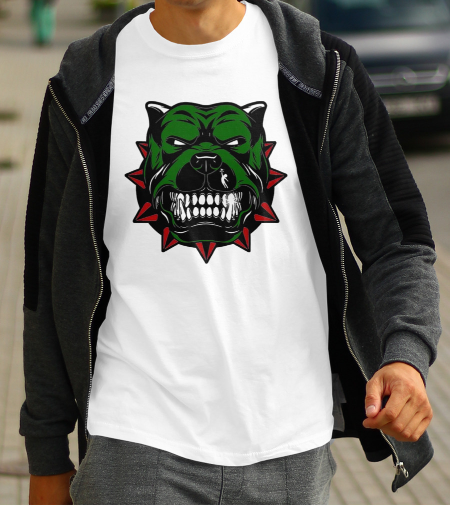 Angry Pitbull With Green Face And Red Spiked Collar Merry Christmas T-Shirt